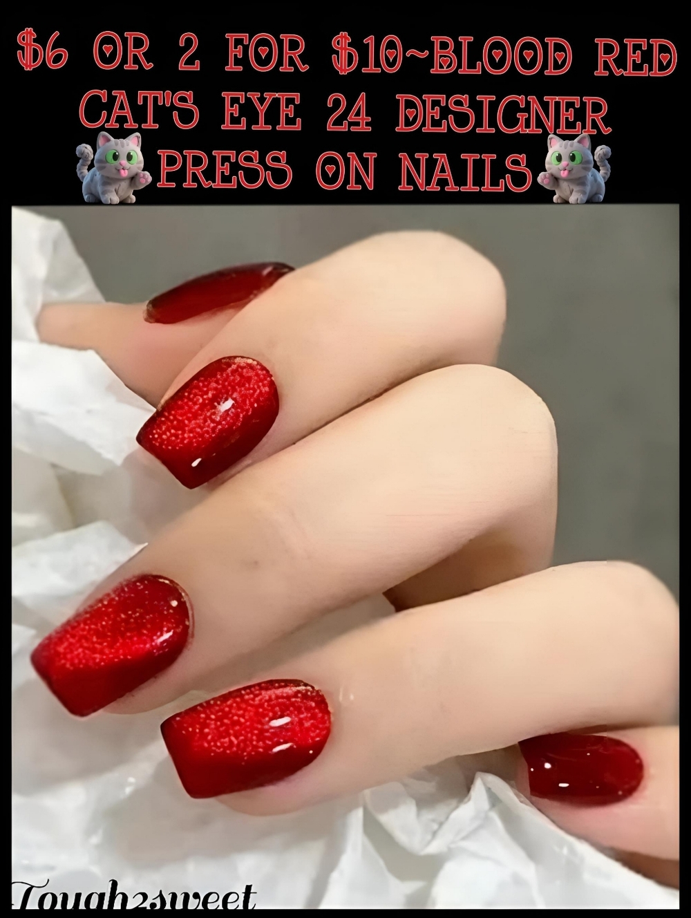 🆕$6 OR 2 FOR $10~BLOOD RED CAT'S EYE 24 DESIGNER PRESS ON NAILS